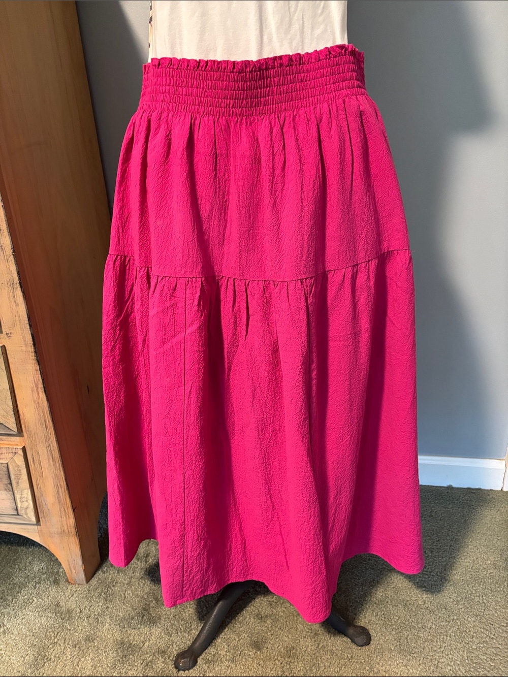 Nine West Hot Pink Tiered Elastic Waist Maxi Fully Lined Skirt